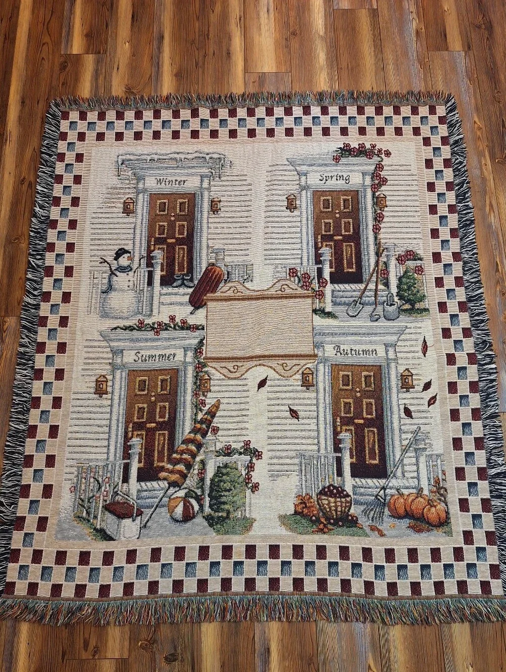 Vtg Four Seasons Woven Tapestry Throw Blanket With Fringe 50x60 Country Cottage